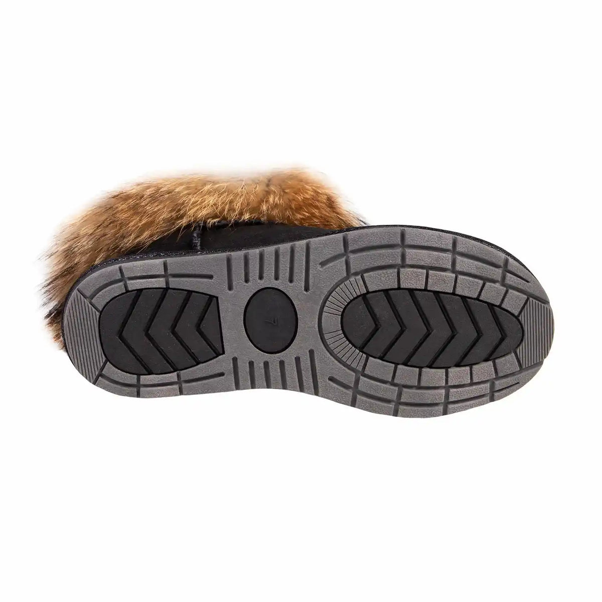 Black boot with a fur pom-pom on a white background