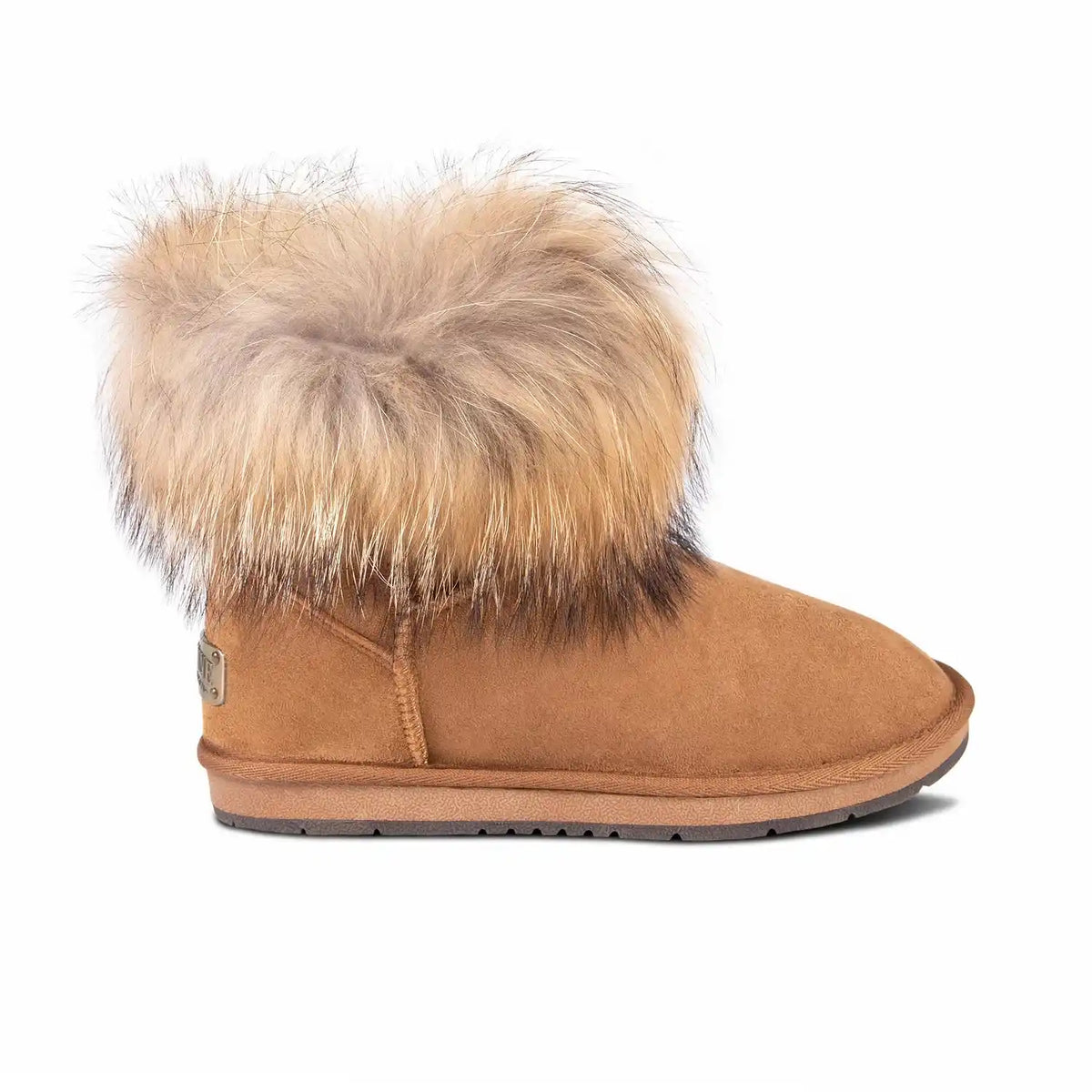 Brown suede boot with fur trim on a white background