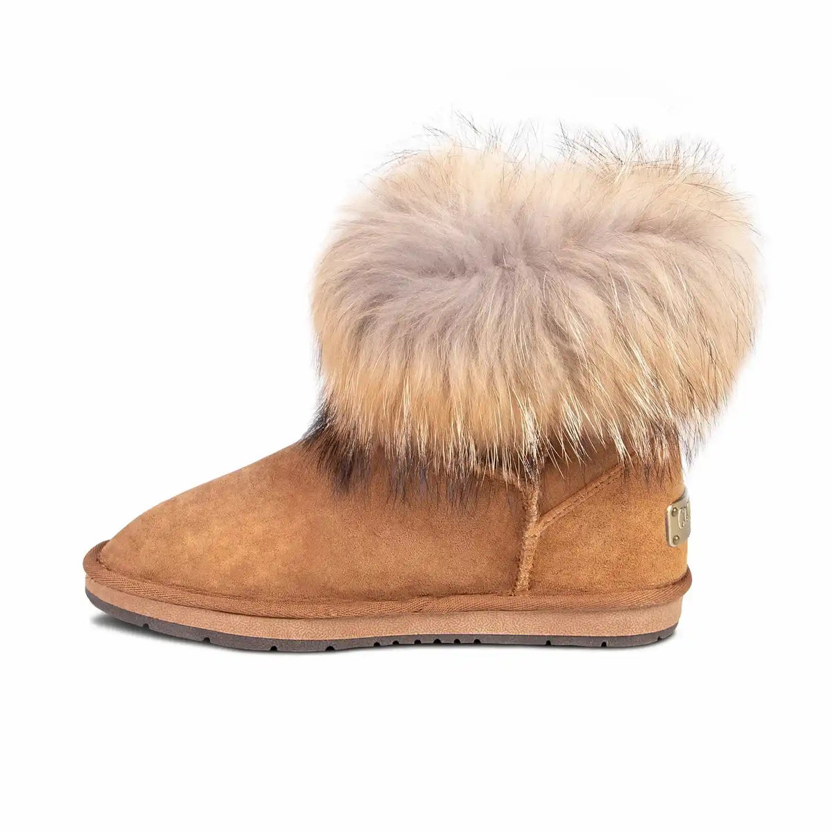 Brown suede boot with fur trim on a white background