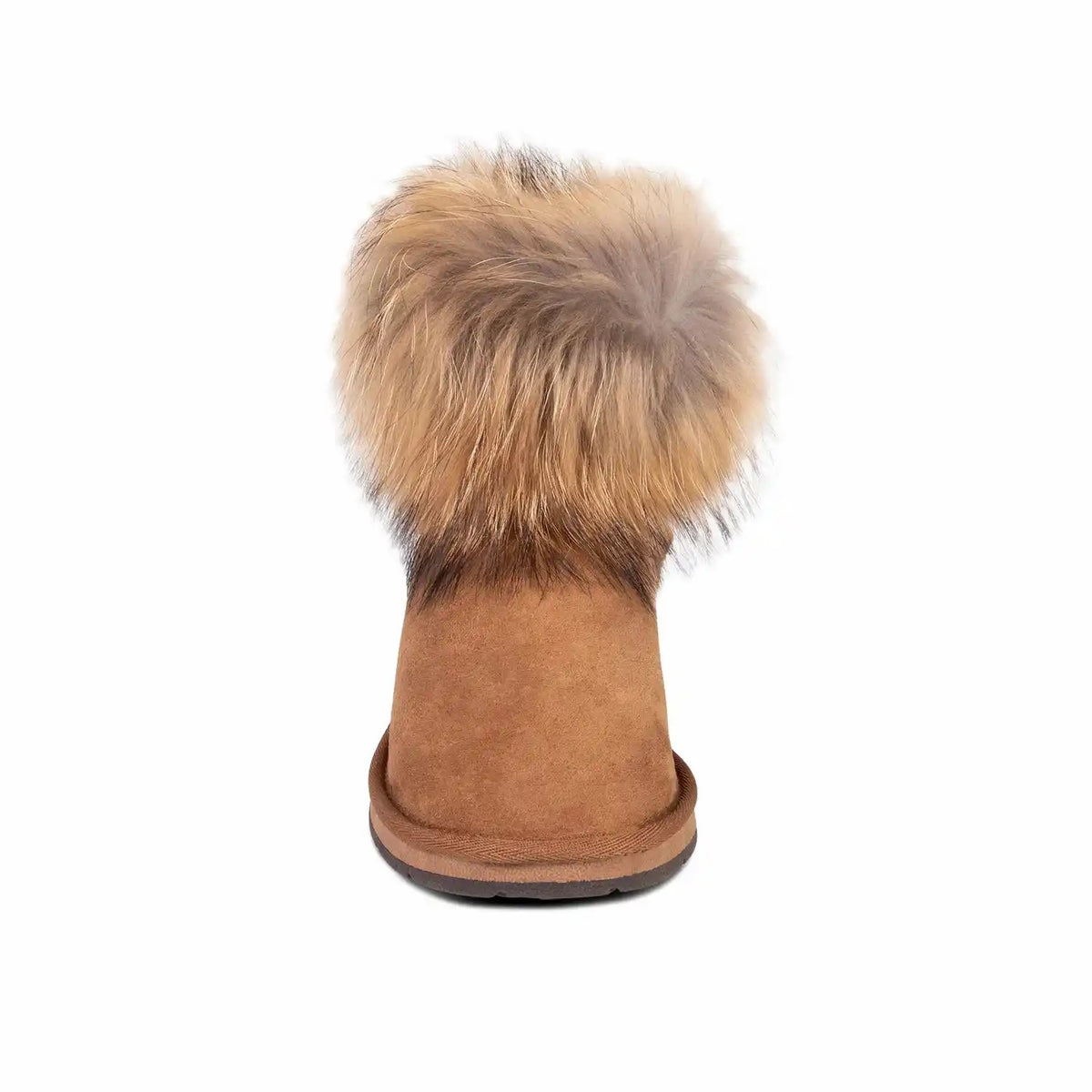 Brown suede boot with fur trim on a white background
