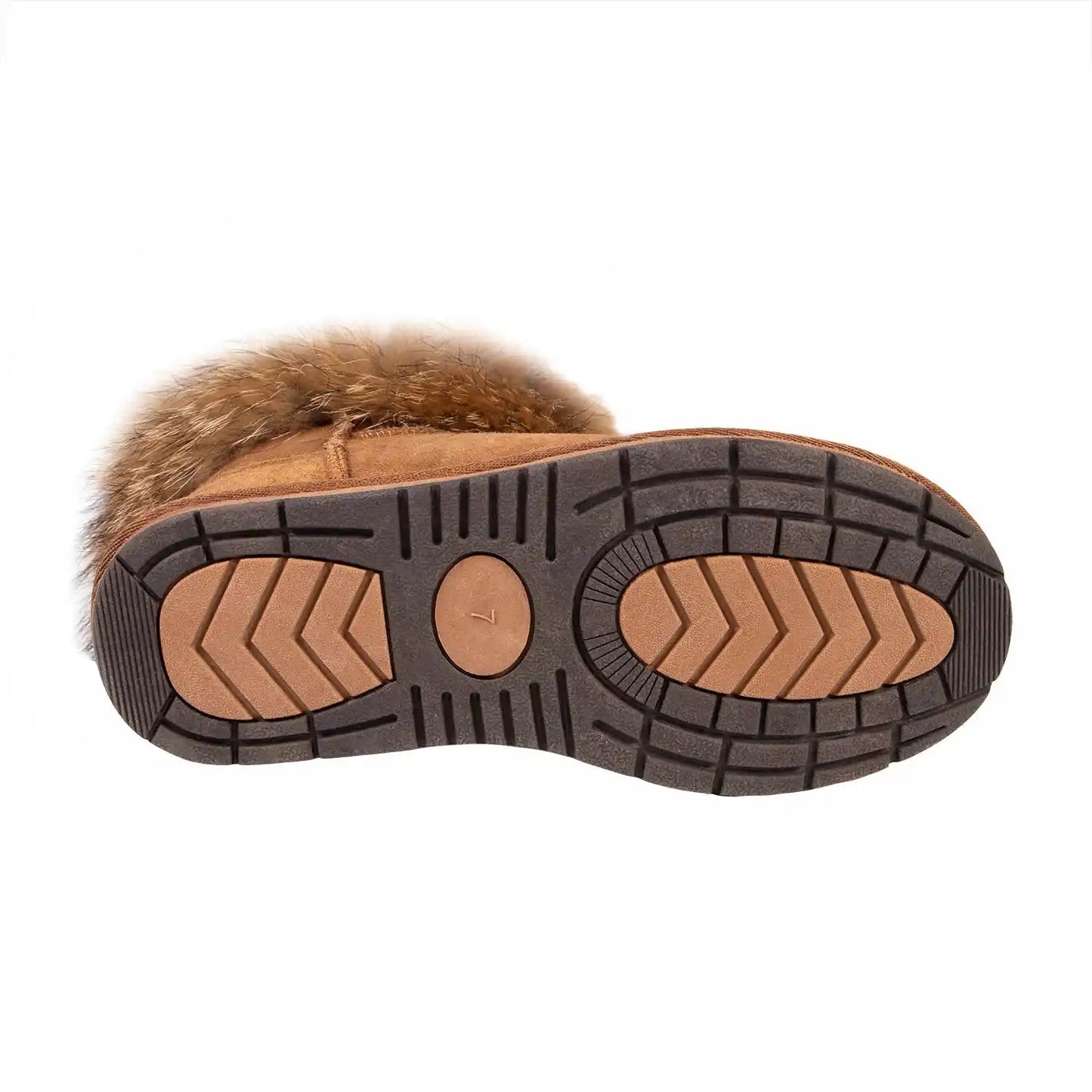 Brown suede boot with fur trim on a white background