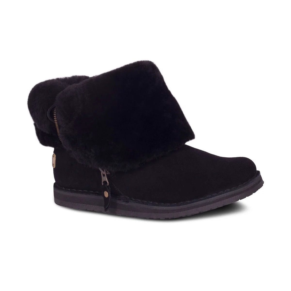 Women's black sheepskin boot with folded fleece cuff, rear angle