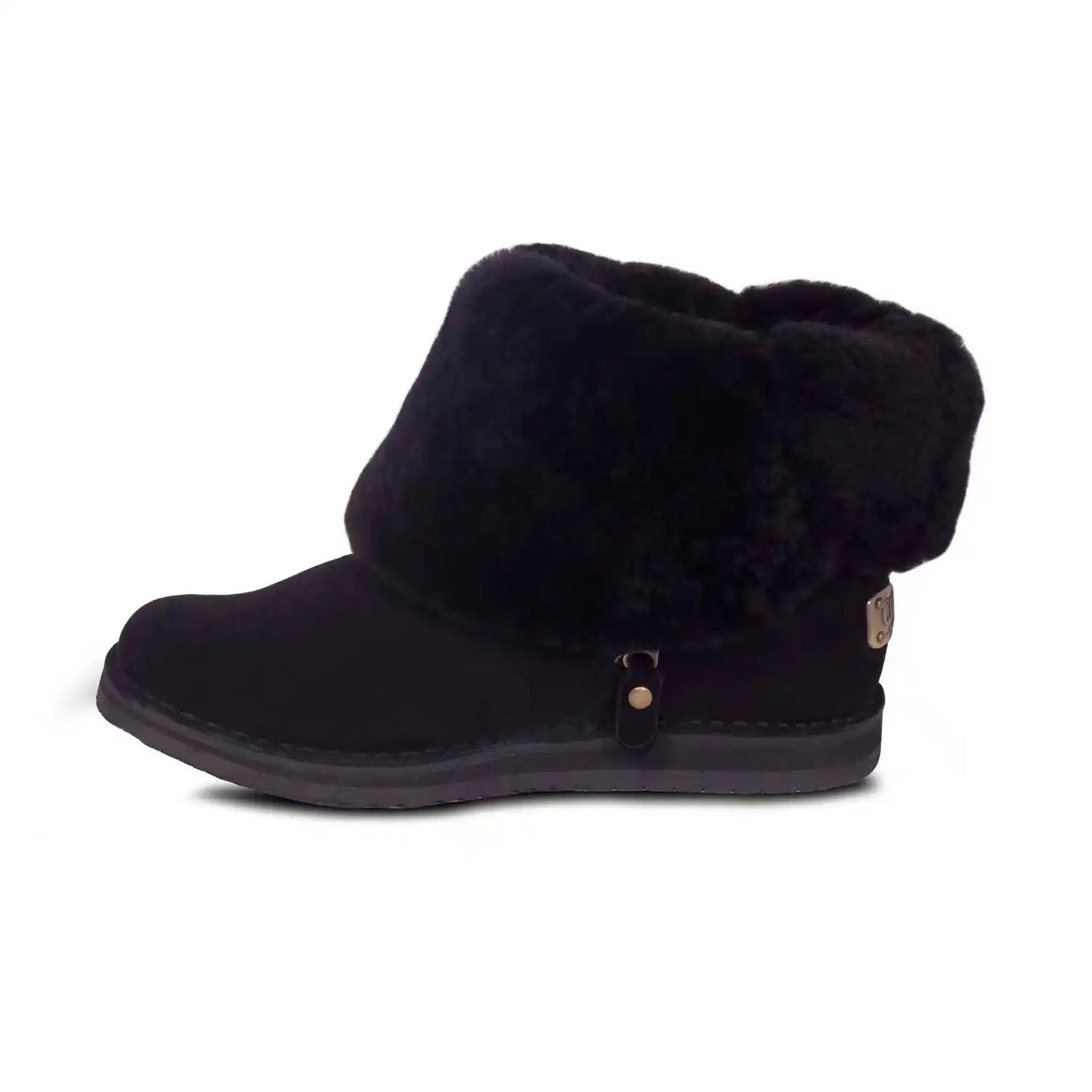 Women's black sheepskin boot with fleece cuff folded, side view