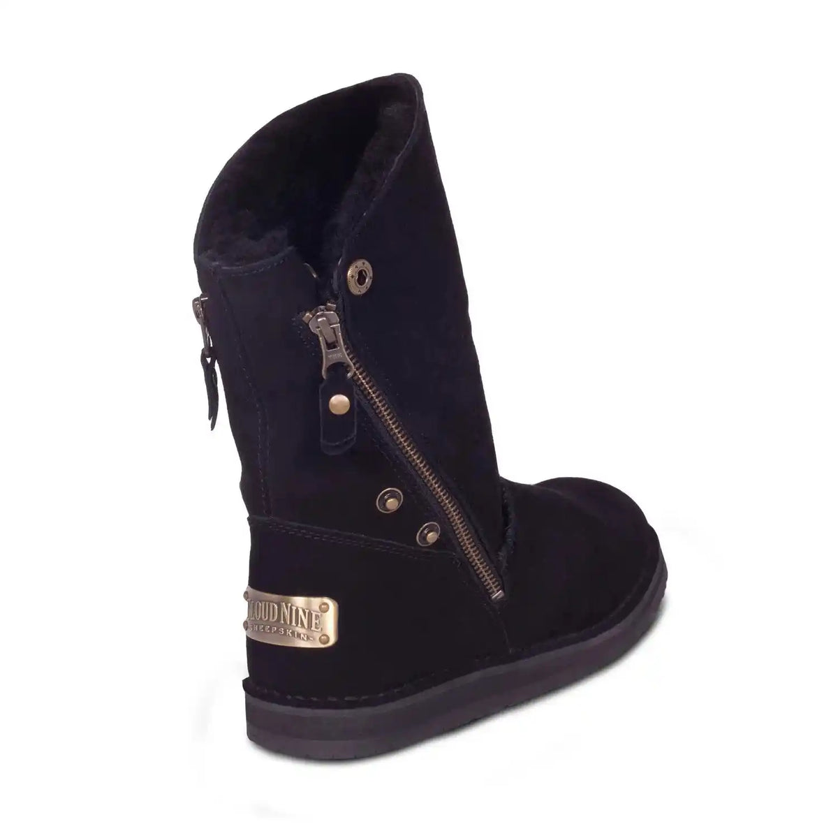 Women's black sheepskin boot with side zip, rear three-quarter view