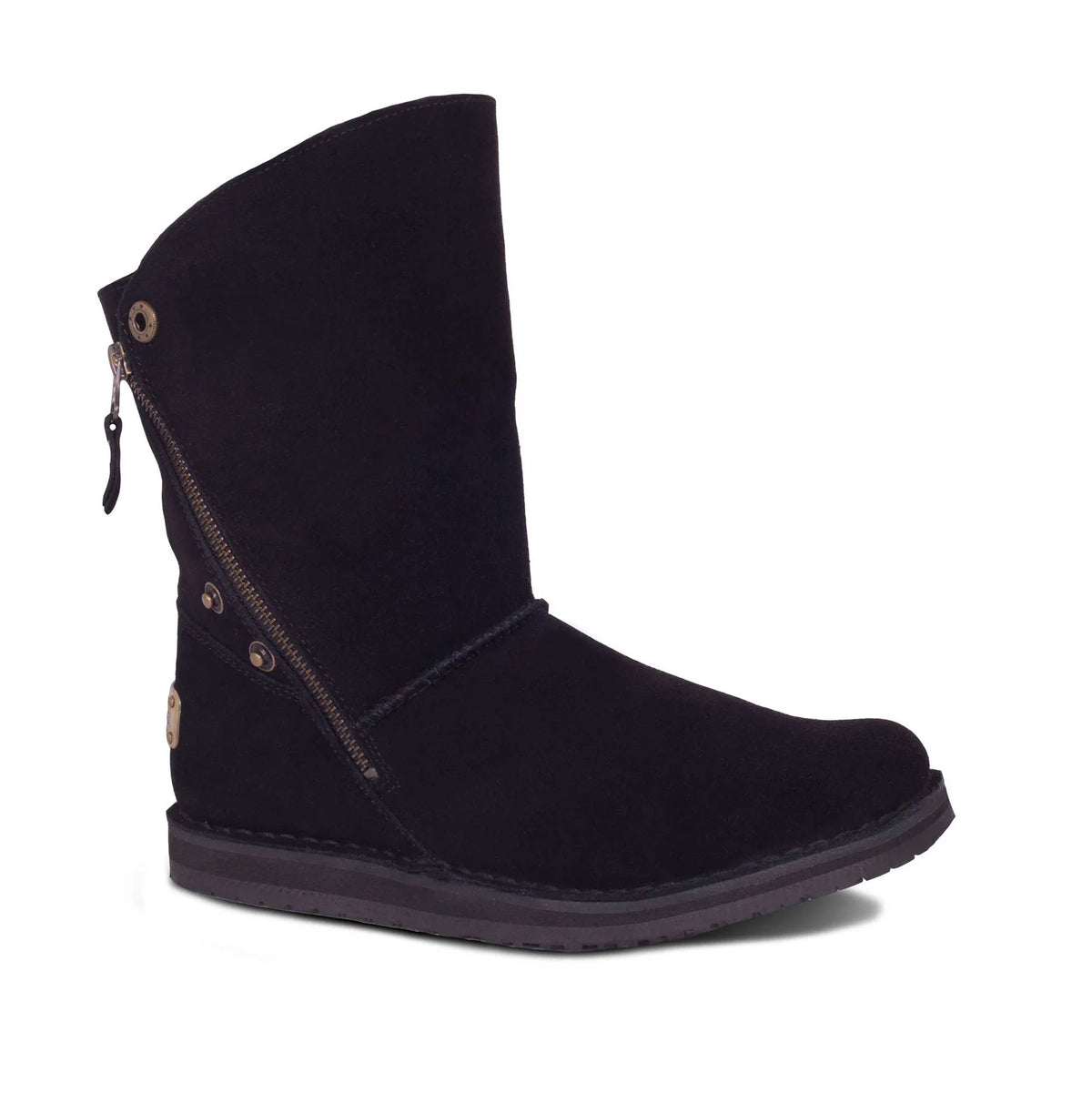 Women's black sheepskin boot with diagonal zip, side view