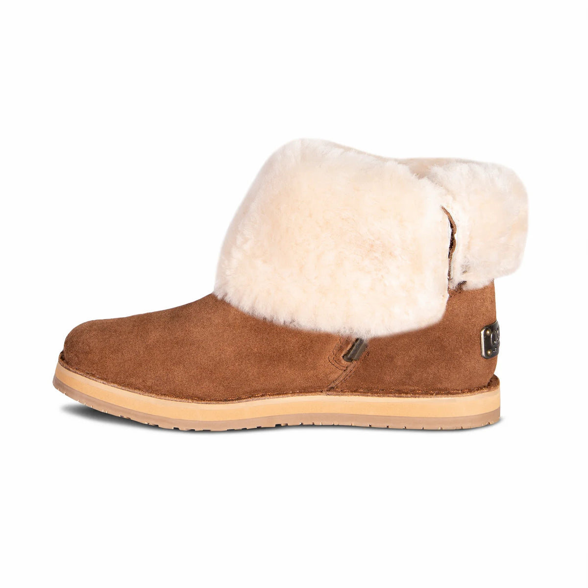 Women's chestnut sheepskin boot with fleece cuff folded, side view