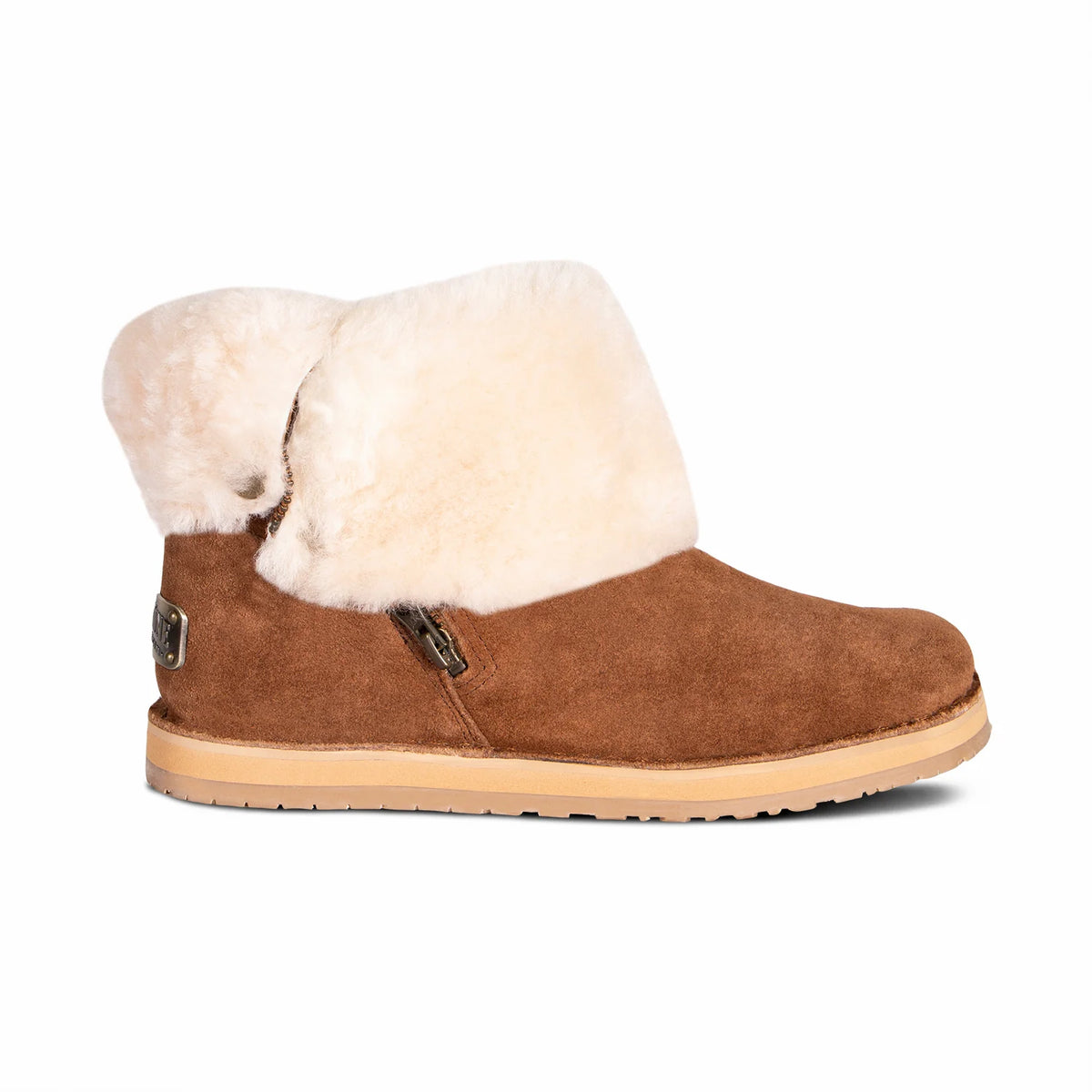 Chestnut sheepskin zip boot with folded fleece cuff, other side