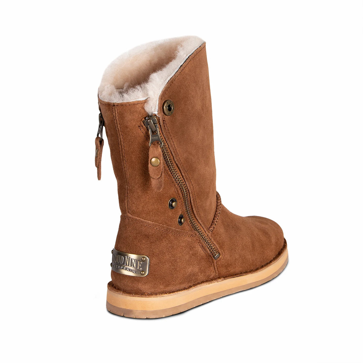 Women's chestnut sheepskin zip boot, back view