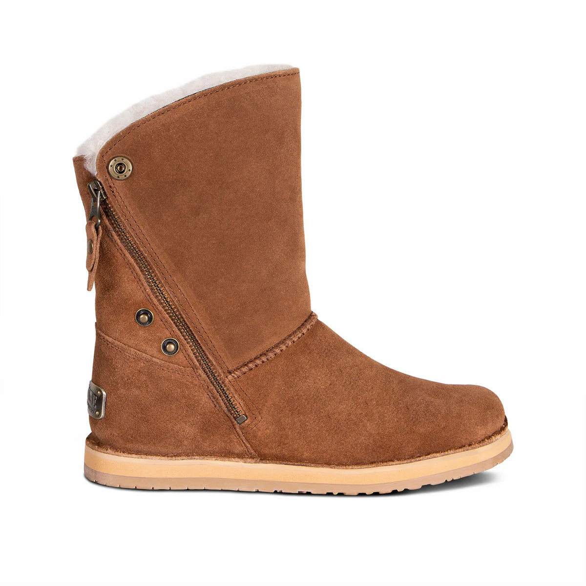 Women's chestnut sheepskin boot with diagonal side zip, side view