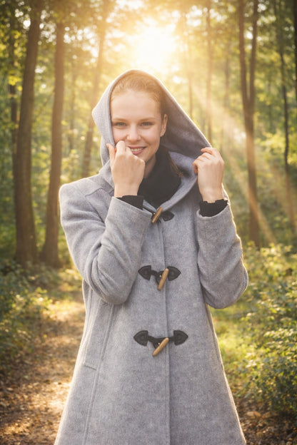 Woman in a gray hooded baby alpaca coat on a forest path