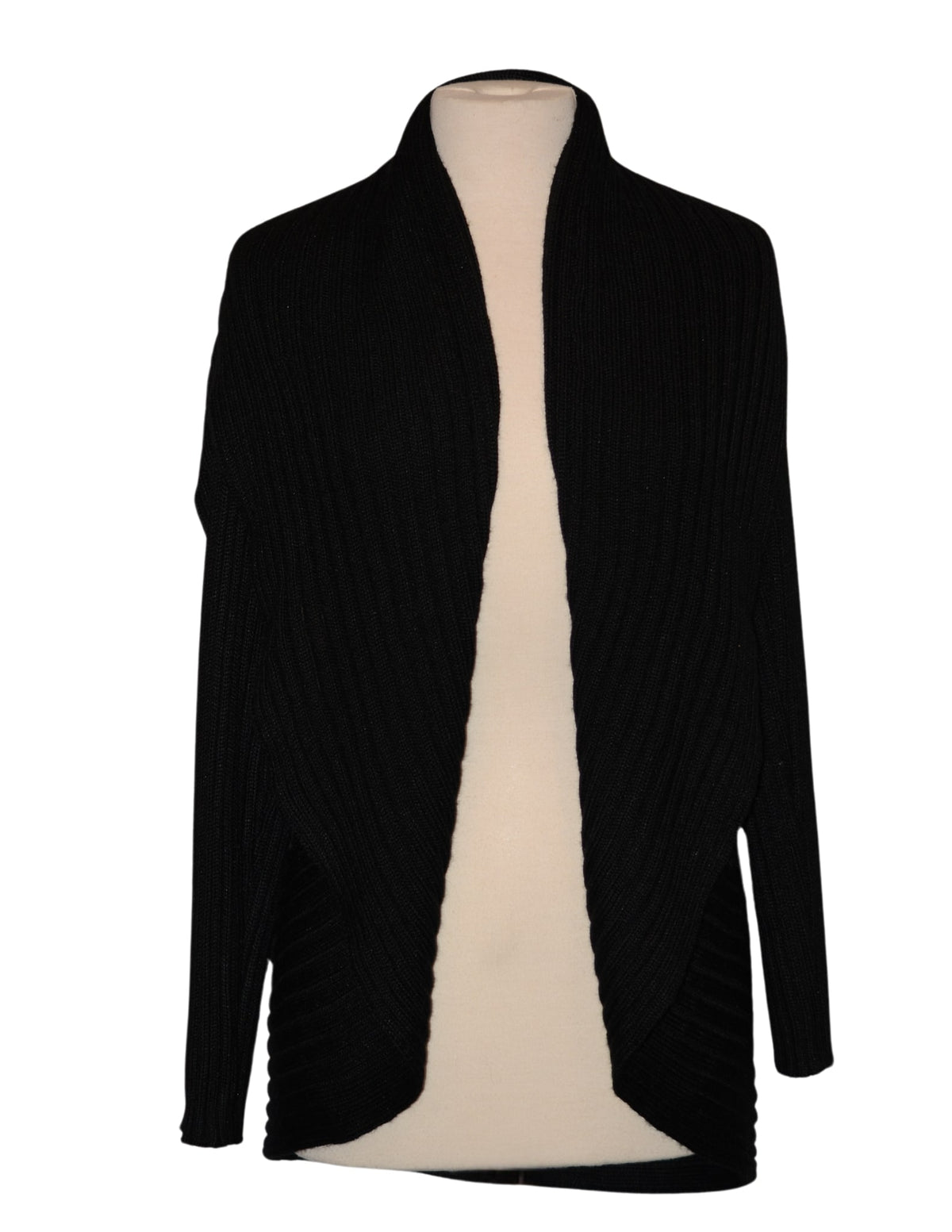 Black alpaca draped cardigan sweater on a dress form