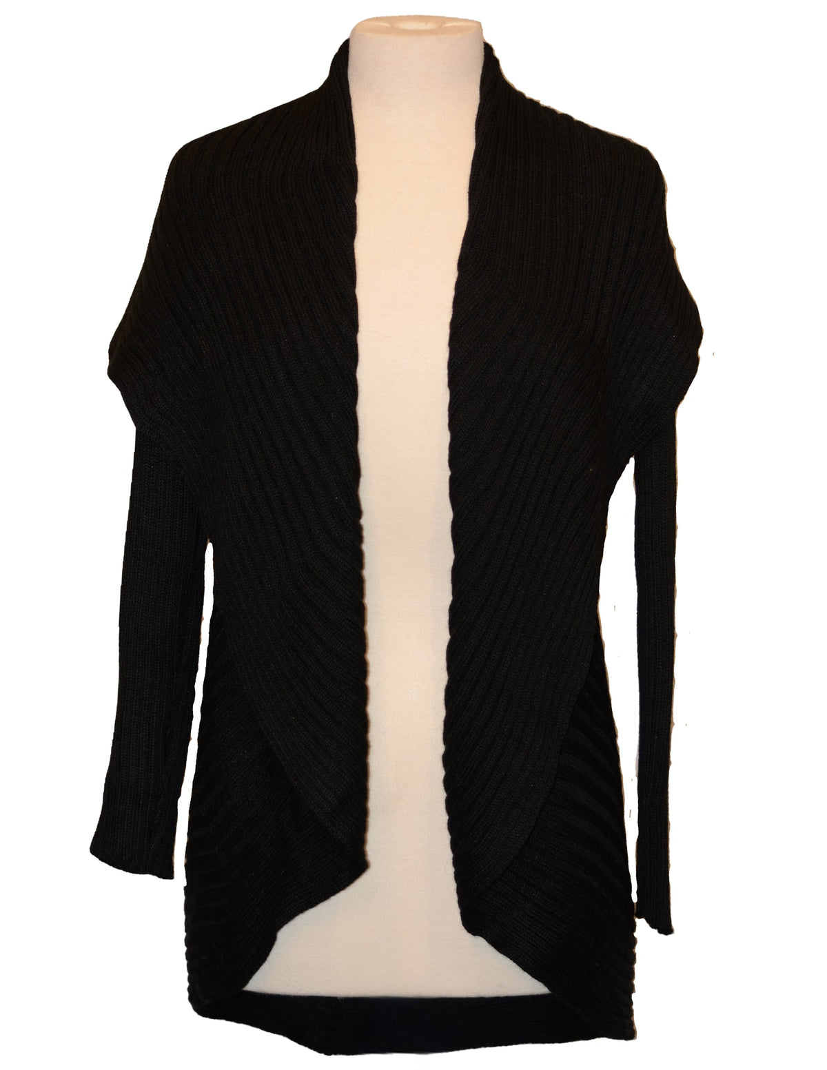 Black alpaca round cardigan sweater on a dress form, front view