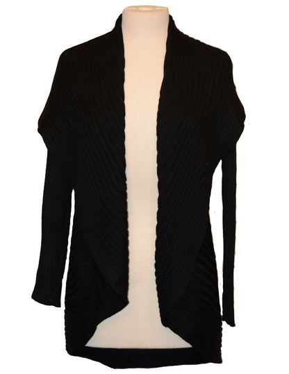 Black alpaca round cardigan sweater on a dress form, front view