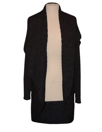 Charcoal alpaca draped cardigan sweater on a dress form