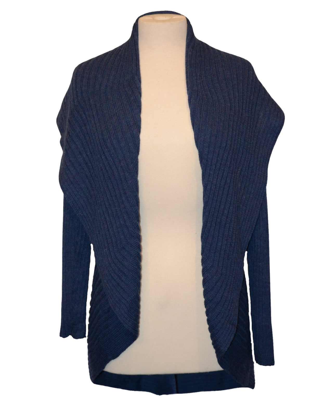 Denim blue alpaca round sweater on a dress form, front view