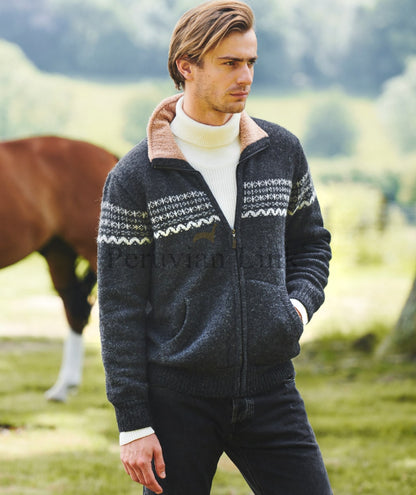 Man wearing a charcoal fleece-lined alpaca sweater outdoors by a horse
