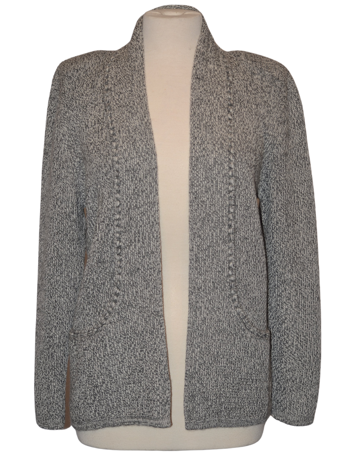 Salt and pepper alpaca open cardigan sweater, front view
