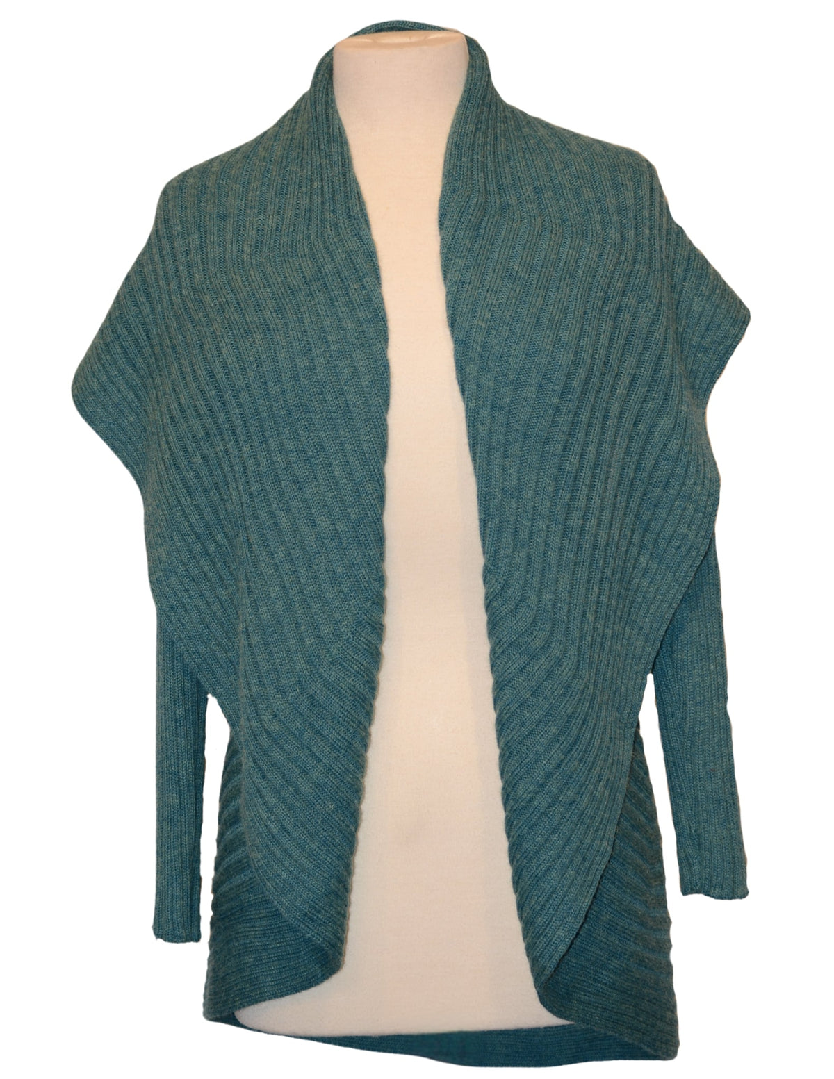 Teal alpaca round sweater with shawl collar on a dress form