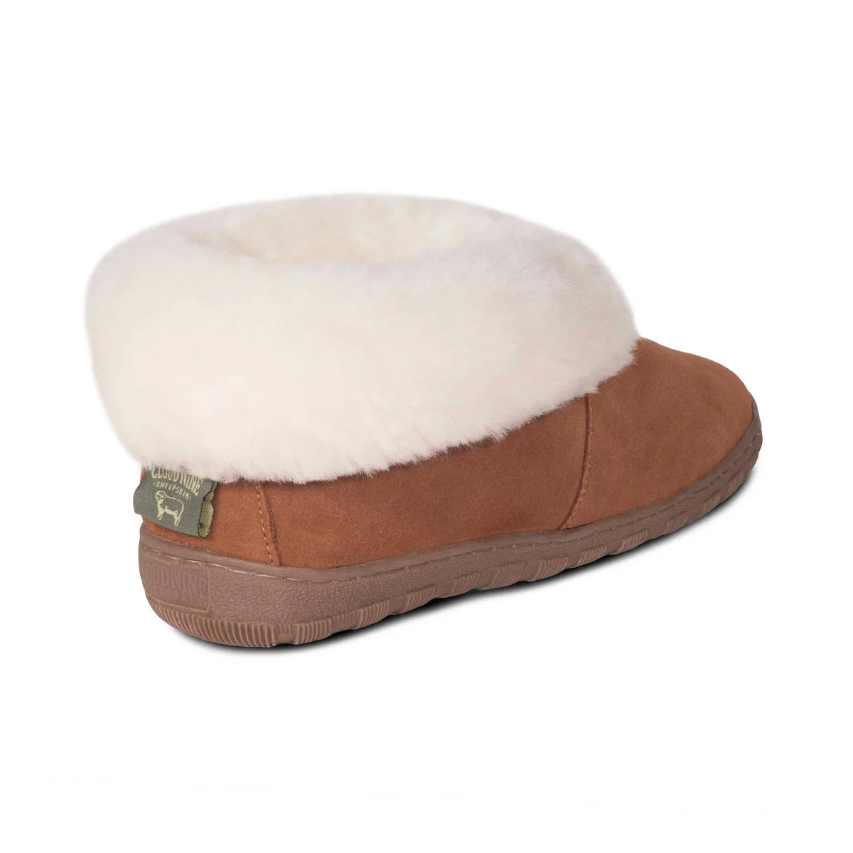 Kids' chestnut sheepskin bootie slipper, rear three-quarter view