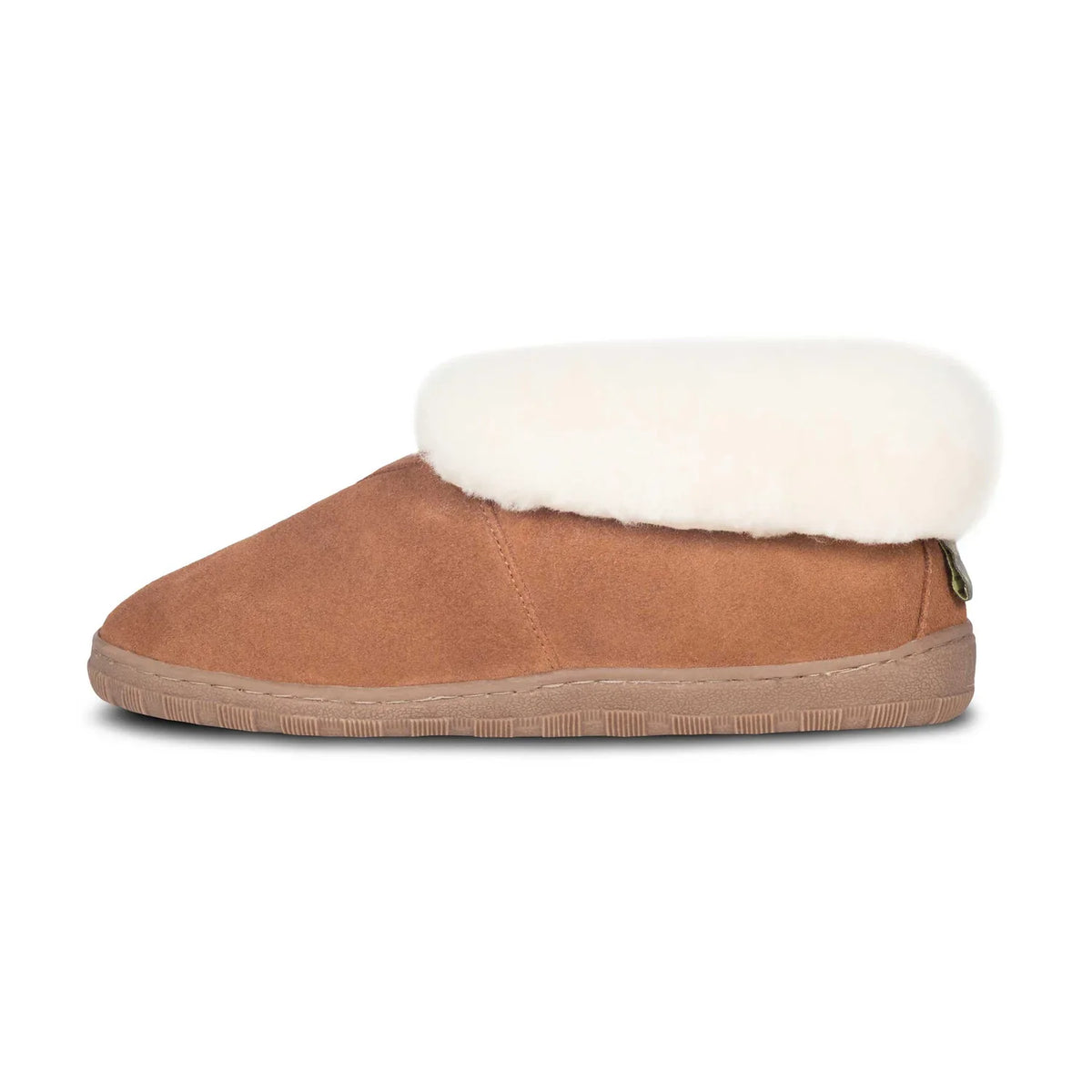 Kids' chestnut sheepskin bootie slipper with fleece cuff, side view