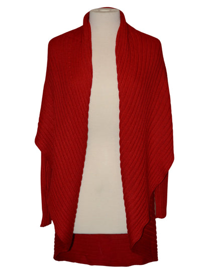 Red alpaca draped cardigan sweater on a dress form