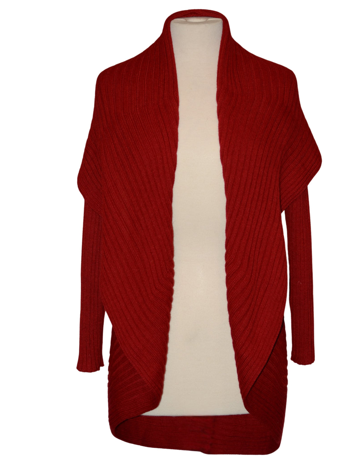 Red alpaca round sweater with draped collar, front view