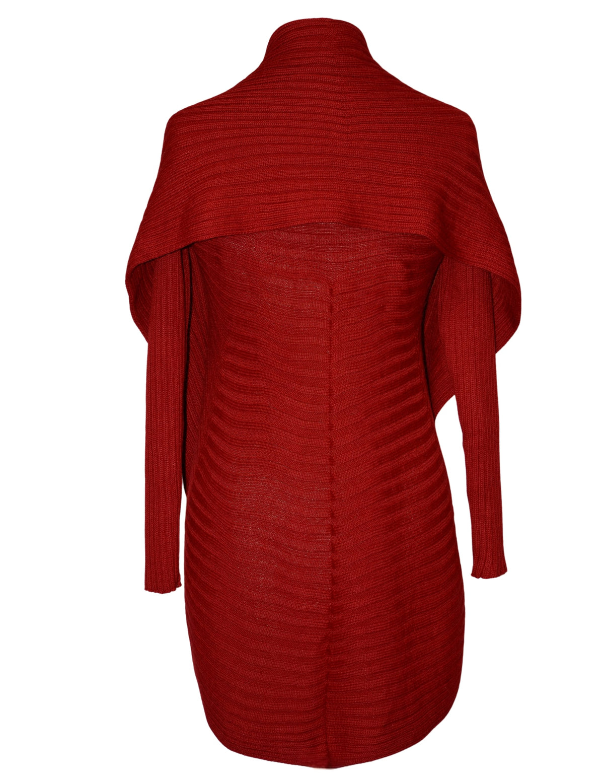 Red alpaca round sweater, back view on dress form