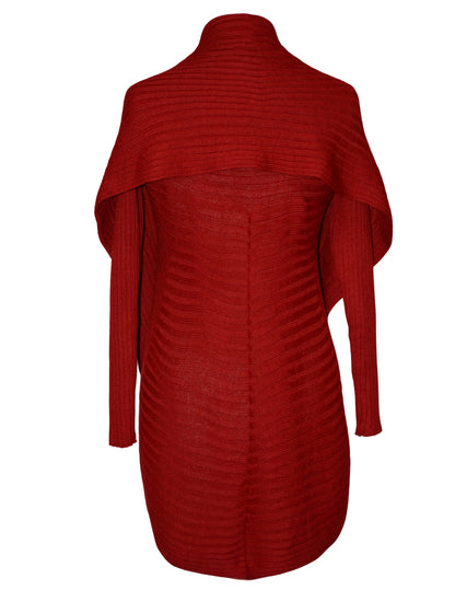 Red alpaca round sweater, back view on dress form