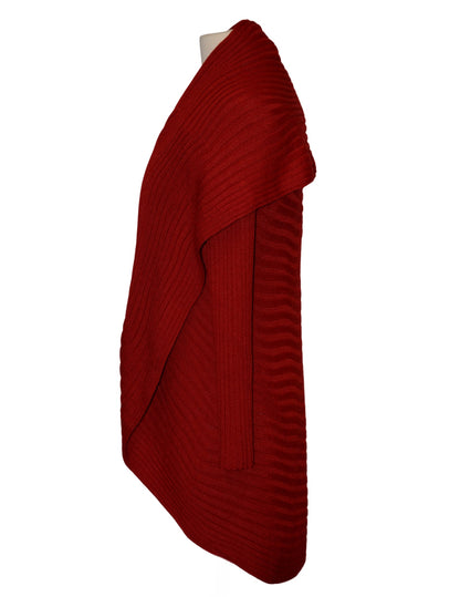 Red alpaca round sweater, side view on dress form