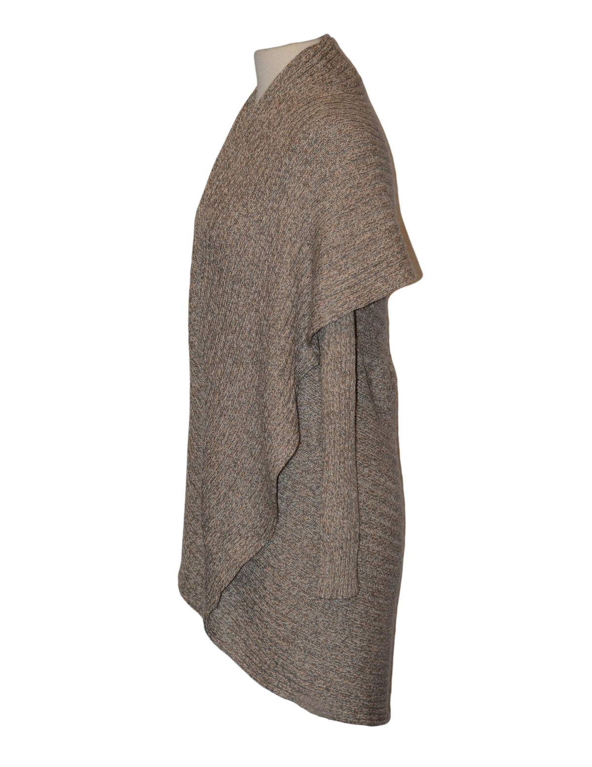 Tan alpaca draped cardigan sweater, side view on dress form