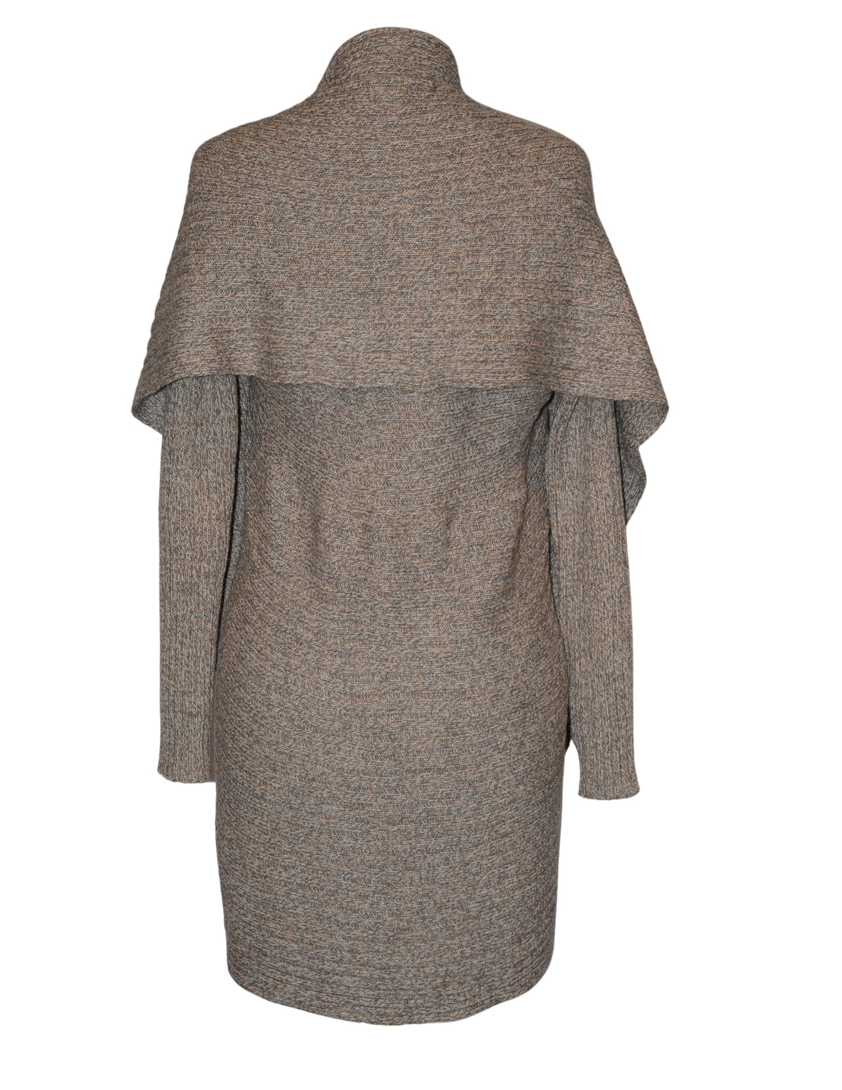 Tan melange alpaca draped cardigan sweater, back view