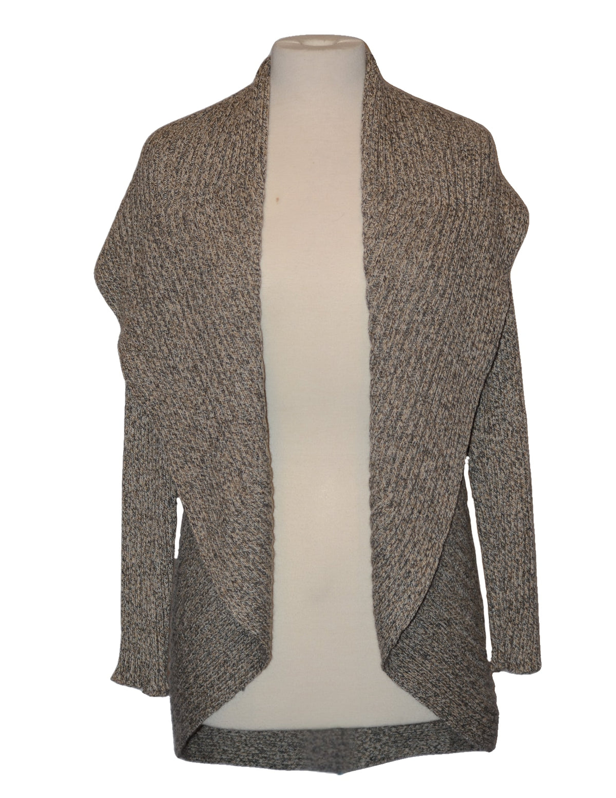 Tan melange alpaca round sweater on a dress form, front view