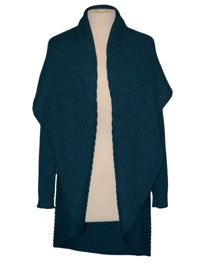 Teal alpaca draped cardigan sweater on a dress form