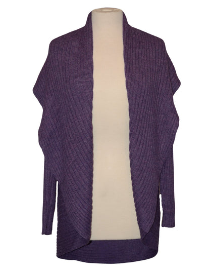 Violet alpaca draped cardigan sweater on a dress form