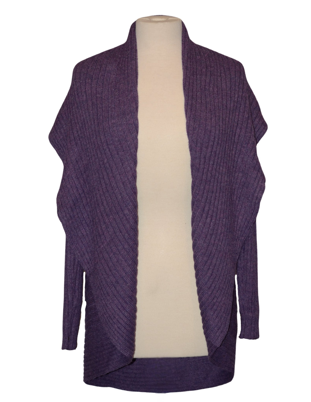Violet alpaca round sweater on a dress form, front view