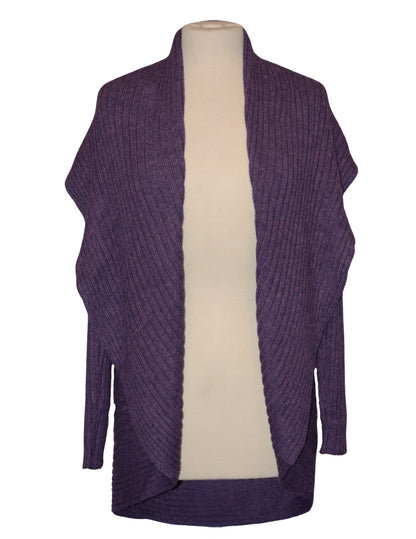 Violet alpaca round sweater on a dress form, front view