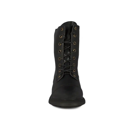 Women's black leather lace-up combat-style boot, front view