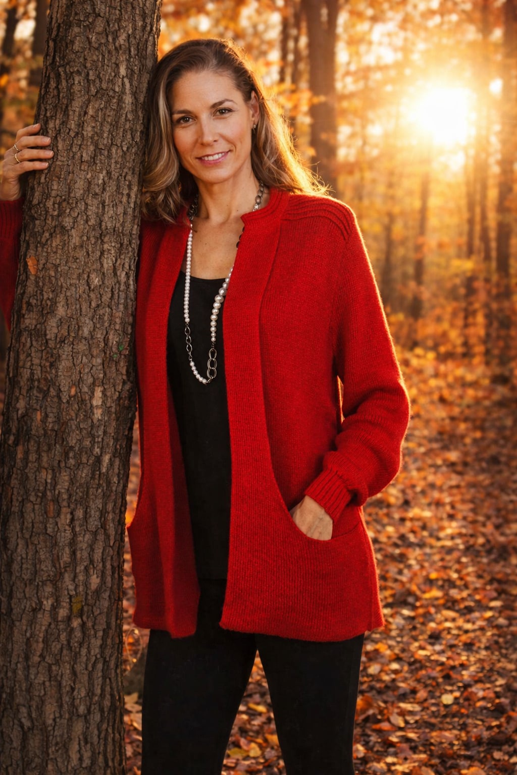 Woman in a red alpaca knit cardigan sweater in autumn woods