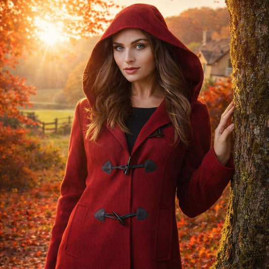 Woman in a red hooded baby alpaca coat with toggles in autumn